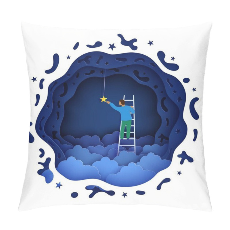 Personality  Man On A Ladder To Pick The Star Above Cloud In Paper Cut Style. Papercut Businessman Climbing On Ladder To Sky And Trying To Catch Dream Star. Follow Your Dreams Vector Motivational Poster Concept Pillow Covers