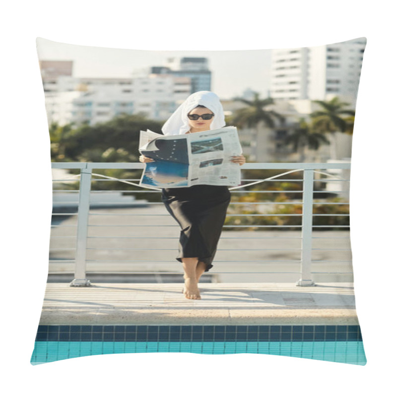 Personality  A Stylish Young Woman, Wearing Sunglasses And A Black Slip Dress, Relaxes By The Pool In Miami, Reading A Newspaper. Pillow Covers