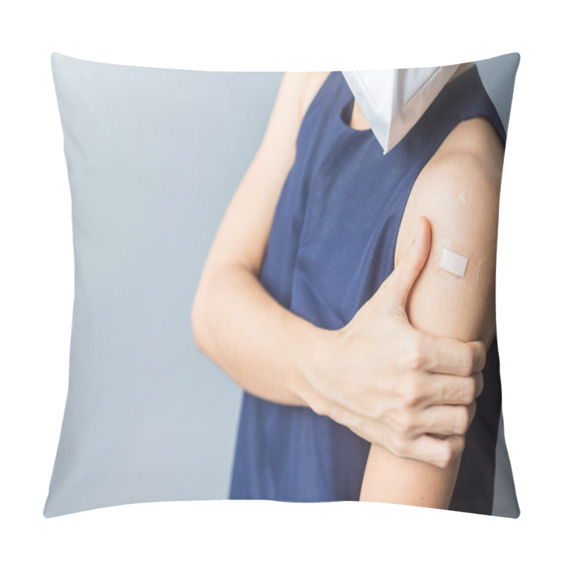 Personality  Woman Showing Her Arm With Bandage After Receiving Covid 19 Vaccine. Vaccination, Herd Immunity, Side Effect, Vaccine Efficiency And Coronavirus Pandemic Pillow Covers