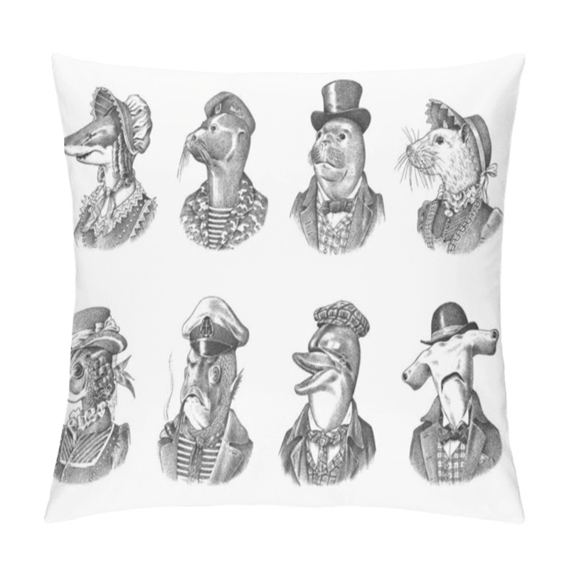 Personality  Dolphin And Great Hammerhead Shark. Fur Seal Man In Military Uniform. White Mouse Woman. Marine Mammal Gentleman. Fashion Animal Character. Hand Drawn Sketch For And T-shirts Or Tattoo.  Pillow Covers