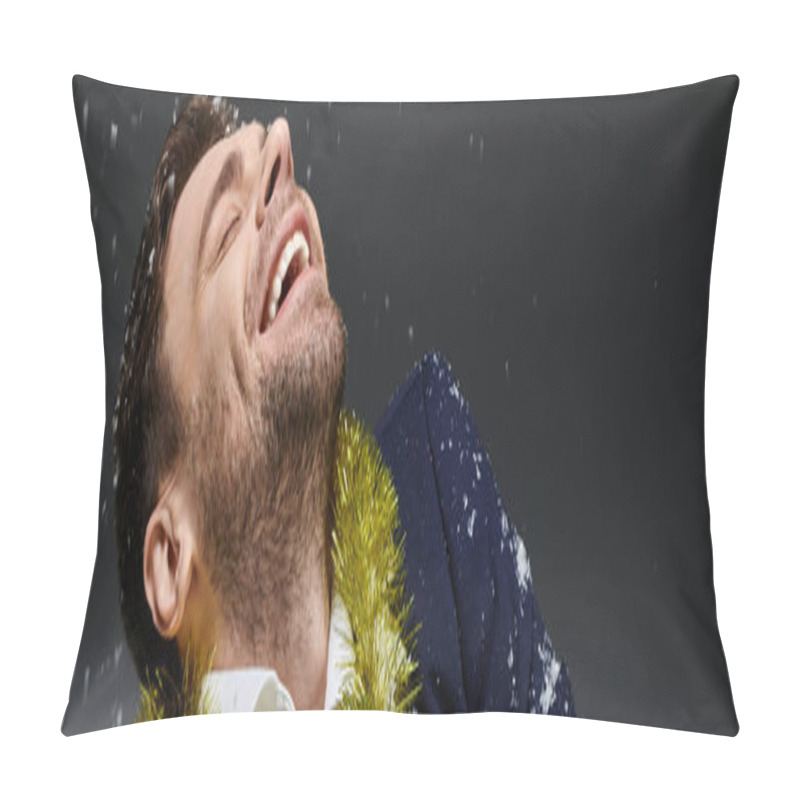 Personality  A Handsome Young Man Is Filled With Joy As Snowflakes Fall Gently While He Wears A Festive Garland. Pillow Covers