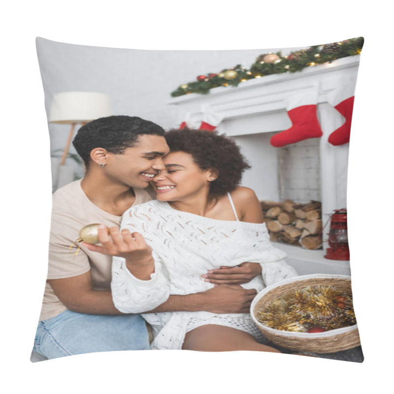 Personality  Happy African American Man Embracing Girlfriend Holding Christmas Ball And Tinsel In Wicker Basket Pillow Covers