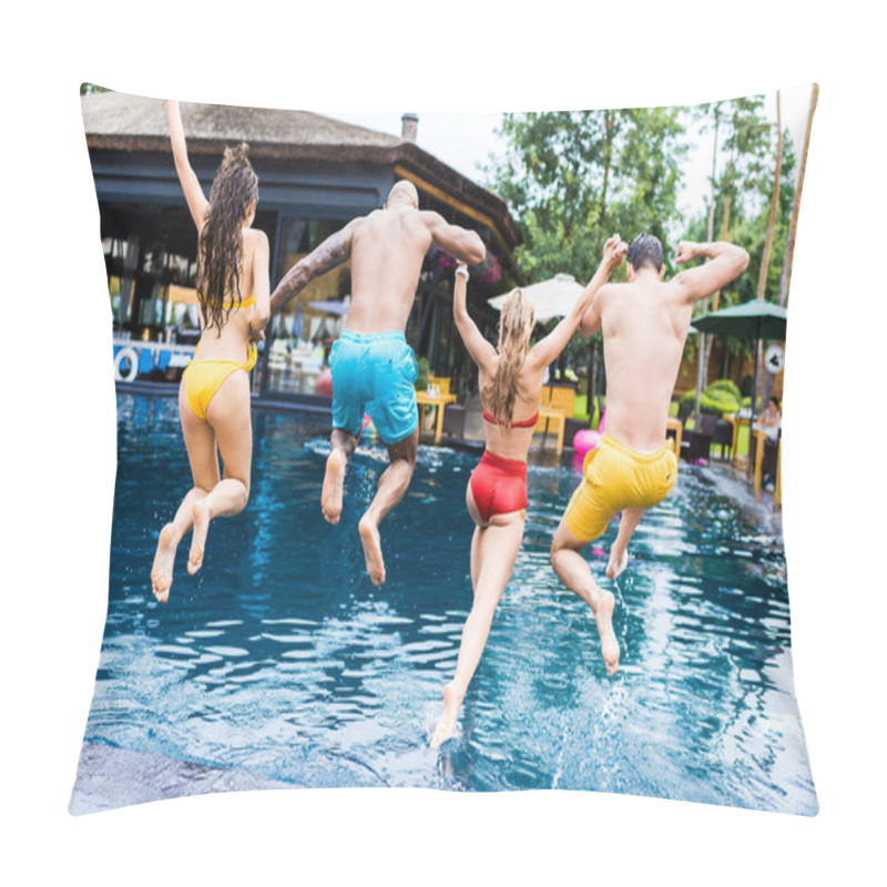 Personality  Rear View Of Young Friends Having Fun And Jumping Into Swimming Pool  Pillow Covers