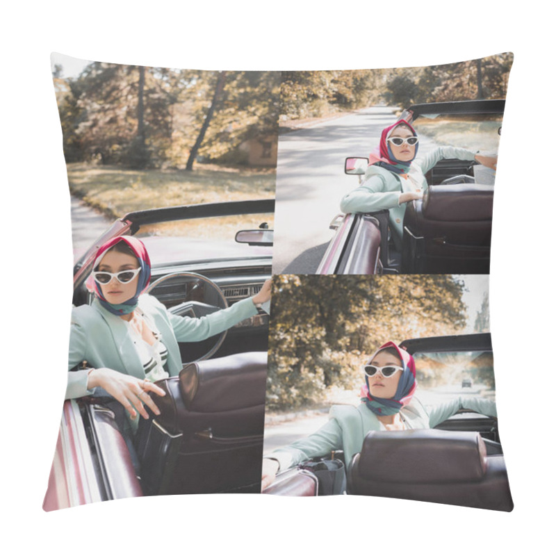 Personality  Collage Of Stylish Woman With Map Sitting In Car With Road At Background  Pillow Covers