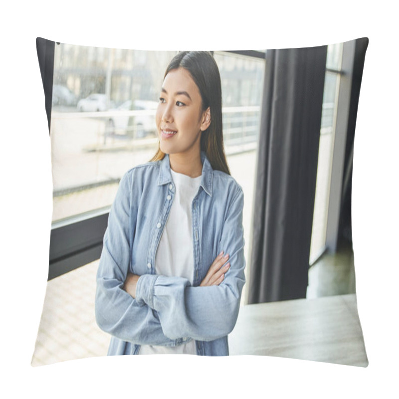 Personality  Pleased Asian Woman With Brunette Hair Standing With Folded Arms And Looking Away Near Window In Modern Office Space, Blue Denim Shirt, Happy Smile, Young And Successful Entrepreneur Pillow Covers