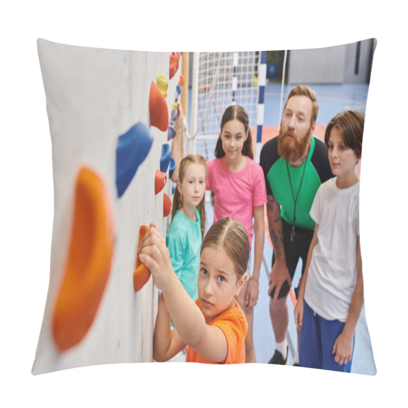 Personality  A Group Of Young, Diverse Children Stand Side By Side In A Bright, Lively Gym As Their Male Teacher Instructs Them. Pillow Covers