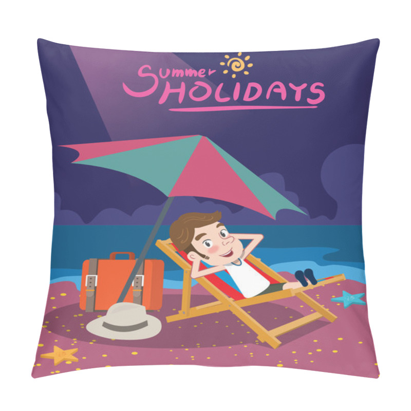 Personality  Summer Holidays Vector Illustration,flat Design Night Beach And Parasol Concept Pillow Covers