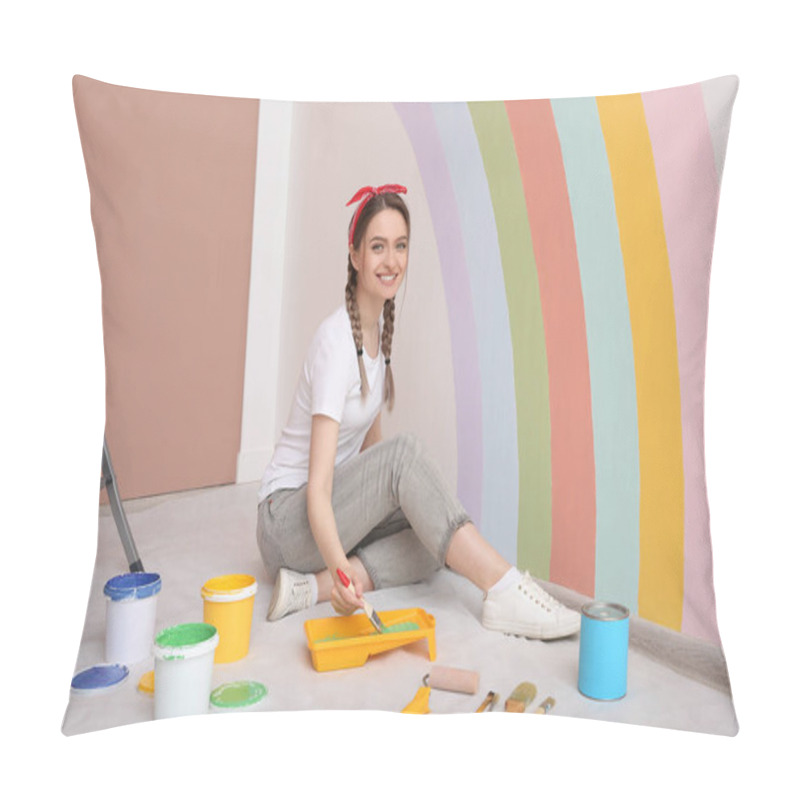 Personality  Young Woman Painting Rainbow On White Wall Indoors Pillow Covers