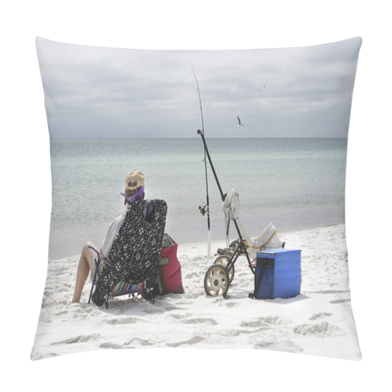 Personality  Woman Fishing On Overcast Day At The Beach Pillow Covers