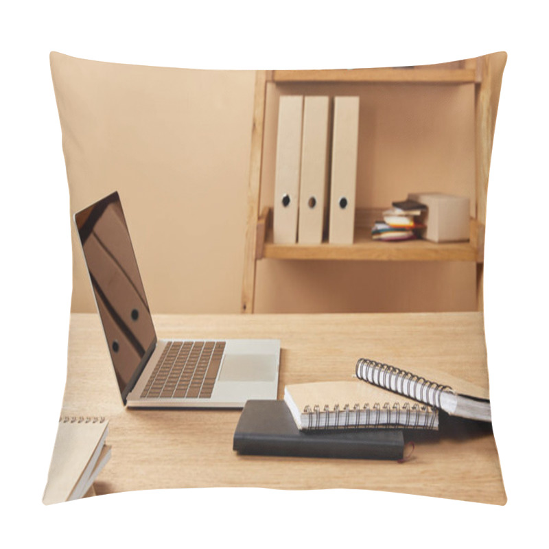 Personality  Laptop And Notebooks On Wooden Table At Home Pillow Covers