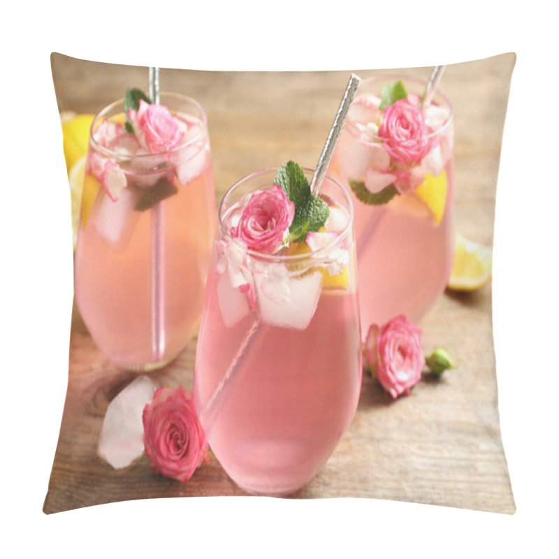 Personality  Delicious Refreshing Drink With Rose Flowers And Lemon Slices On Wooden Table, Closeup Pillow Covers