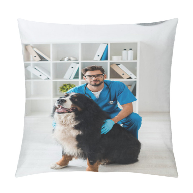 Personality  Young, Positive Veterinarian Touching Bernese Mountain Dog And Looking At Camera Pillow Covers