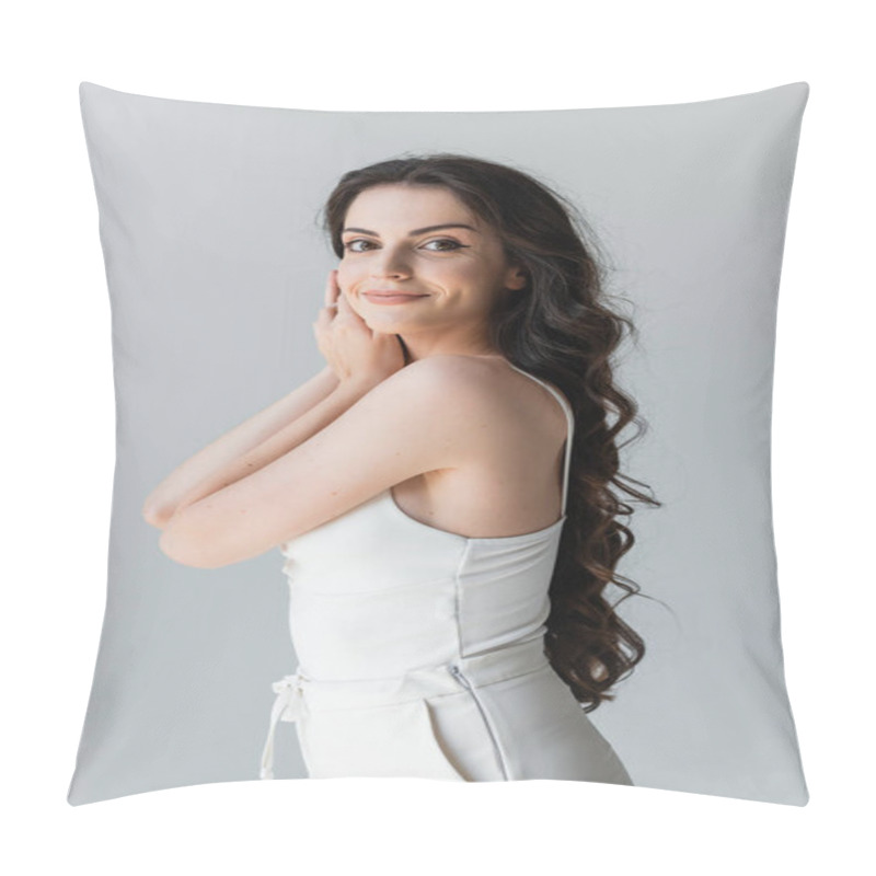 Personality  Pretty Long Haired Model Smiling At Camera Isolated On Grey  Pillow Covers