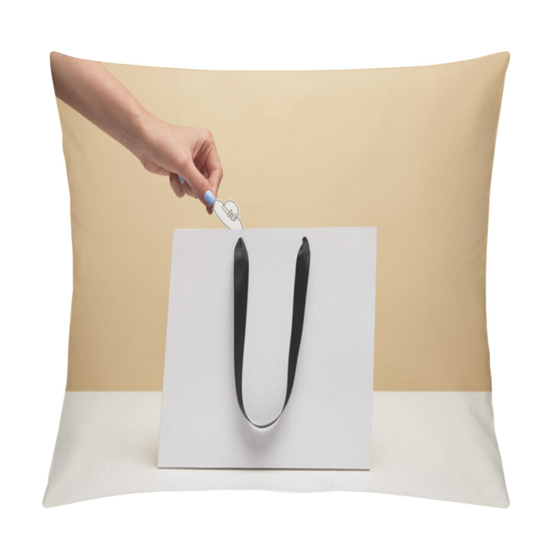 Personality  Cropped Image Of Woman Putting Paper Hat Into Shopping Bag Isolated On Beige Pillow Covers