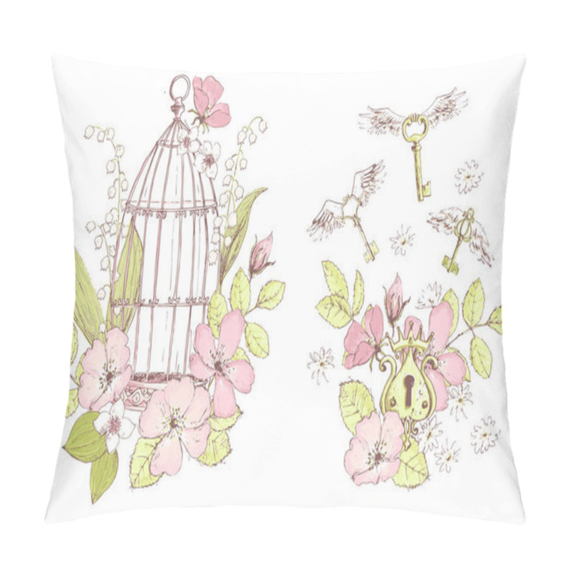 Personality  Compositions For Wedding Decor With Wild Flowers And Keys With Cage, Freedom Concept Pillow Covers