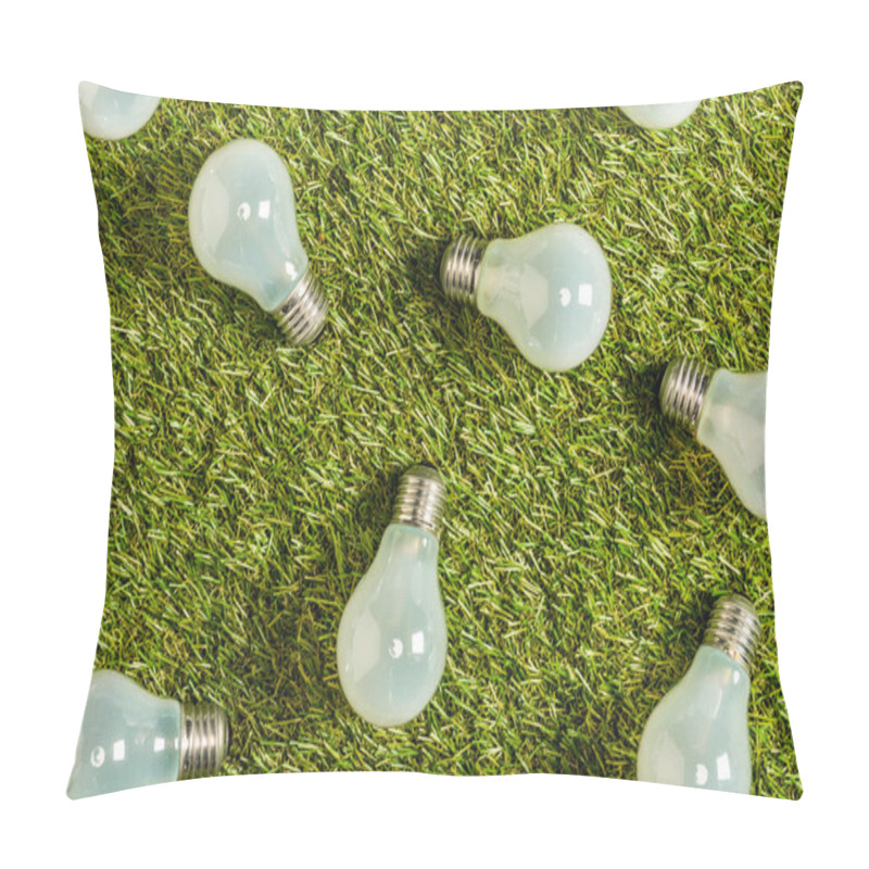 Personality  Top View Of Modern Fluorescent Lamps On Green Grass, Energy Efficiency Concept Pillow Covers