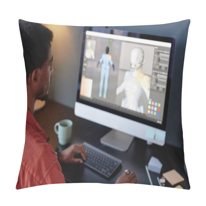 Personality  Individual Sitting At Desk While Handling A 3D Modeling Project On Computer Monitor. Background Features Various Design Tools On The Screen And Desk Accessories Pillow Covers