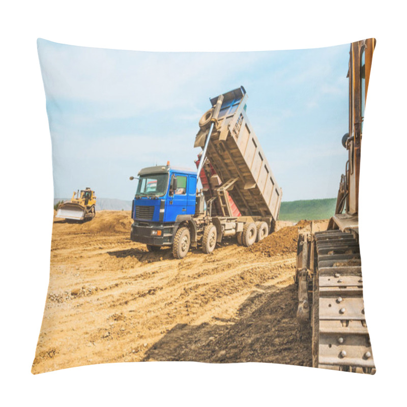 Personality  A Dump Truck Unloads Clay On A Sunny Summer Day. Pillow Covers