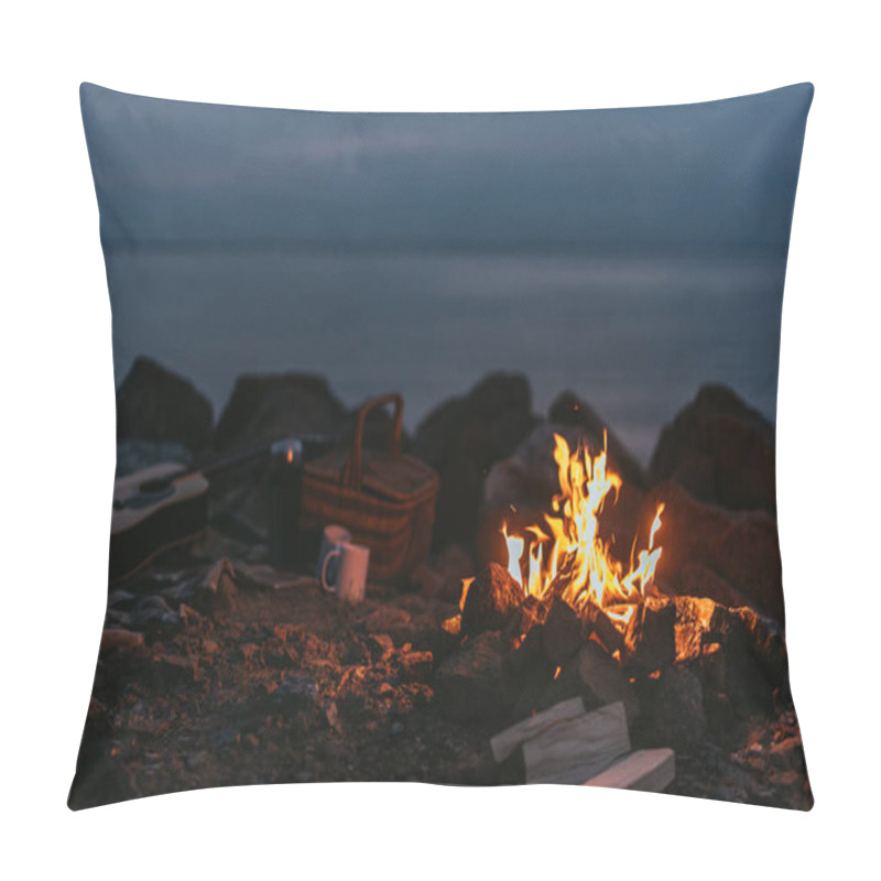 Personality  Burning Bonfire Near Logs, Plaid Blanket, Wicker Basket, Cups And Acoustic Guitar  Pillow Covers