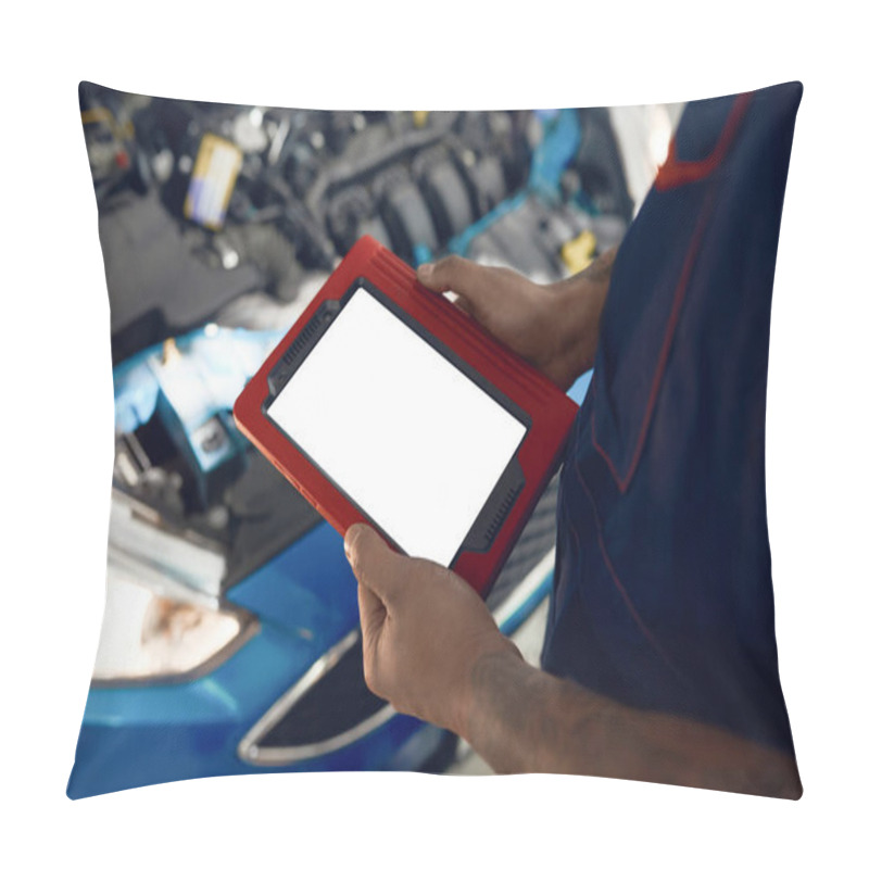 Personality  Blank Tablet Screen On Open Machine Hood Background Pillow Covers