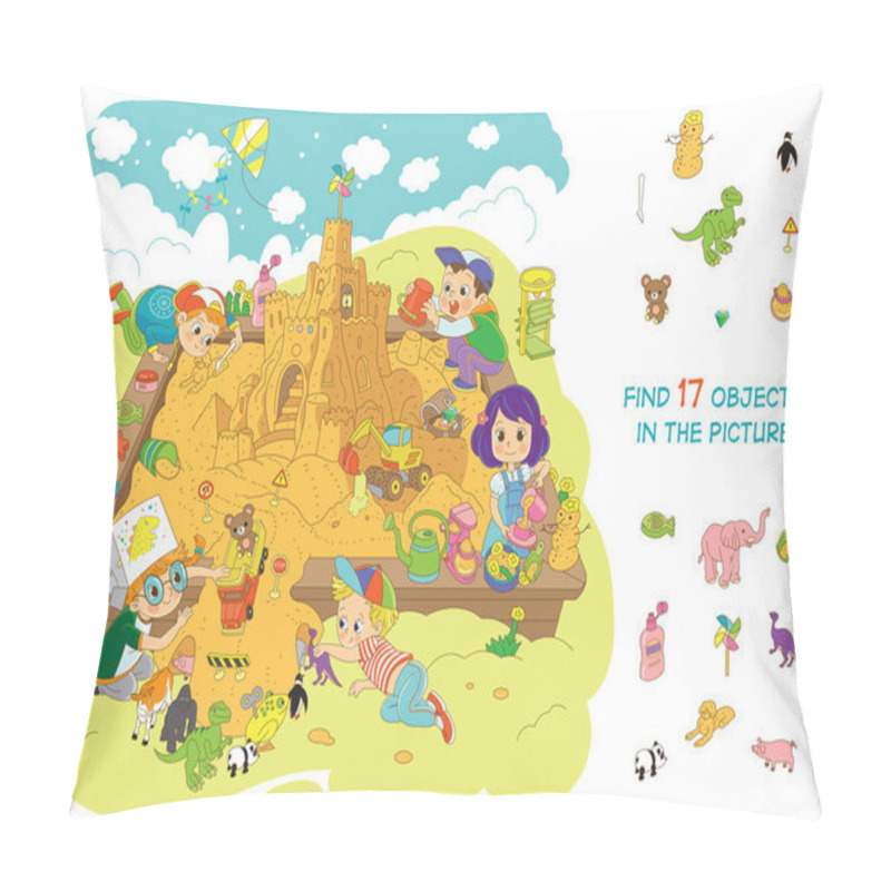 Personality  Find 17 Items In The Picture. Hidden Object Puzzle. The Children Built A Big Sand Castle. Funny Cartoon Character Pillow Covers