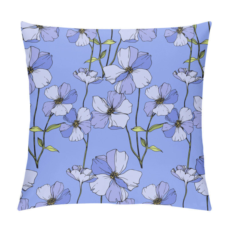 Personality  Vector Blue Flax. Wildflowers Isolated On Blue. Engraved Ink Art. Seamless Background Pattern. Wallpaper Print Texture. Pillow Covers