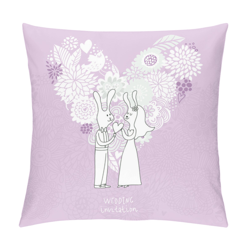 Personality  Cartoon Concept Marriage. Romantic Background With Heart Made Of Flowers And Funny Rabbits. Vector Wedding Floral Invitation In Violet Colors. Ideal For Wedding Cards And Save The Date Invitations Pillow Covers