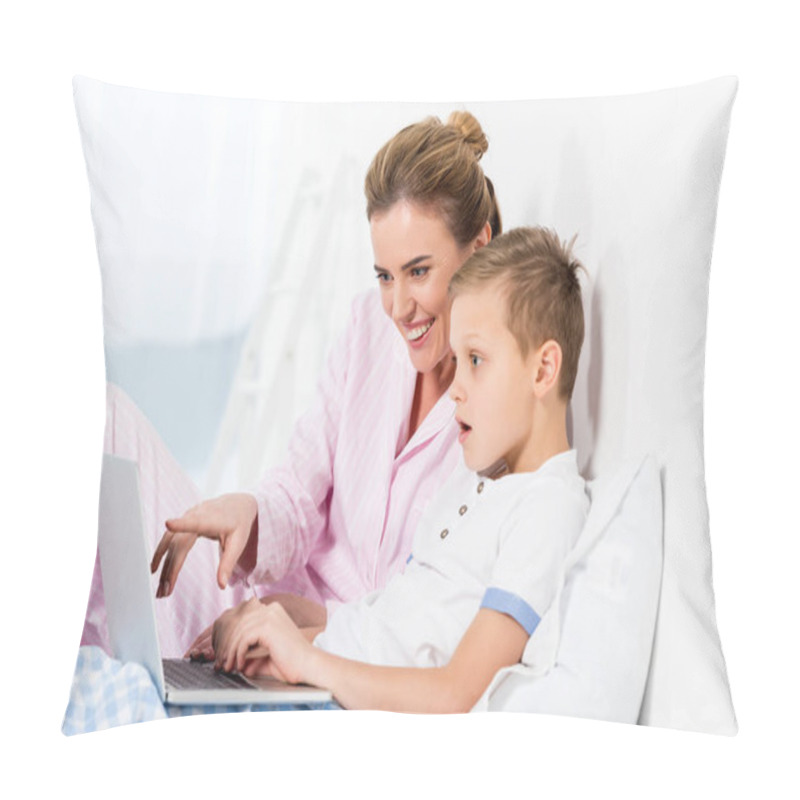 Personality  Happy Mother And Emotional Son Using Laptop Together In Bed Pillow Covers