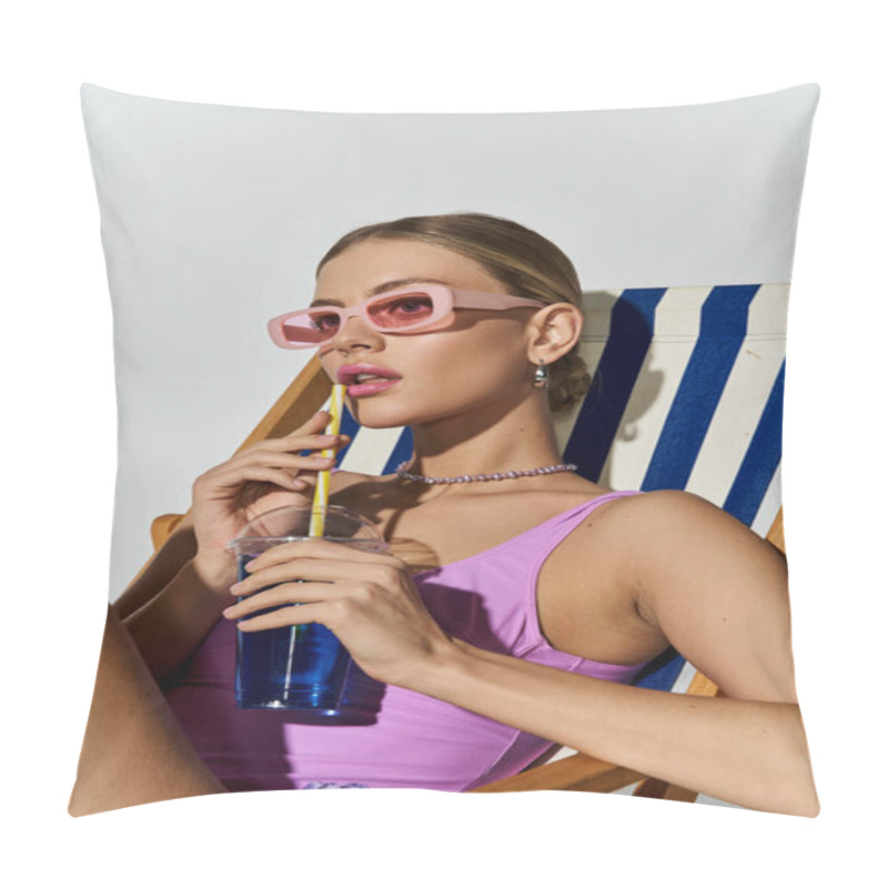 Personality  Fashionable Woman With Blonde Hair In Swimsuit Enjoys A Drink On A Beach Chair. Pillow Covers