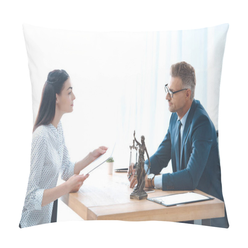 Personality  Side View Of Lawyer And Client Discussing Papers In Office Pillow Covers