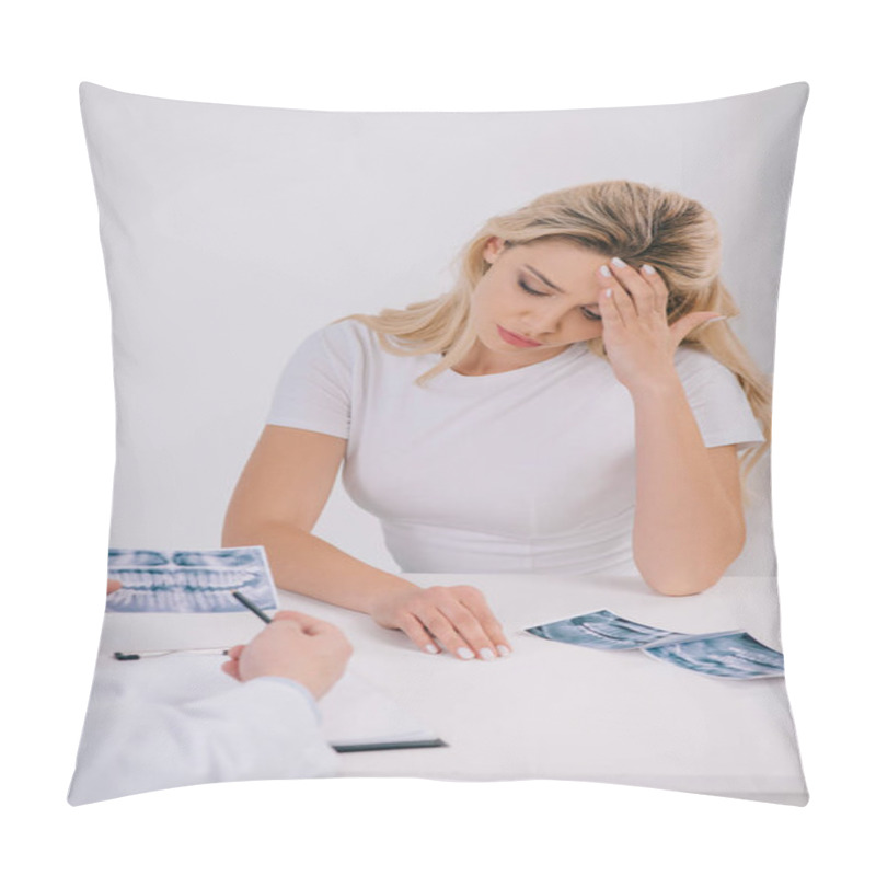 Personality  Woman Having Headache During Consultation With Male Orthodontist Isolated On White Pillow Covers