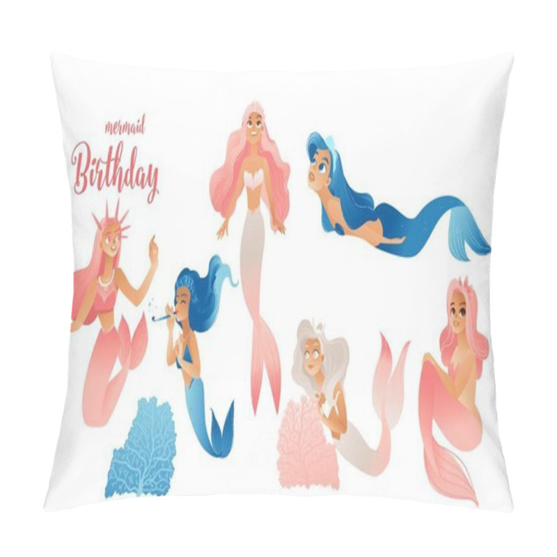 Personality  Cute Cartoon Mermaid Birthday Girls Set Isolated On White Background Pillow Covers