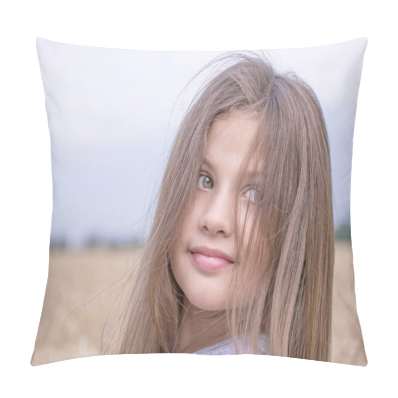 Personality  Little Girl In Golden Wheat Field In Summer Day. Portrait Of A Beautiful Child. Concept Of Purity, Growth, Happiness Pillow Covers