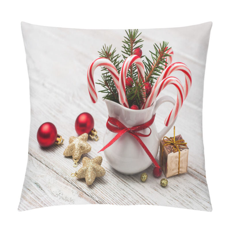 Personality  Jug With Christmas Candy Canes On A Wooden Table Pillow Covers