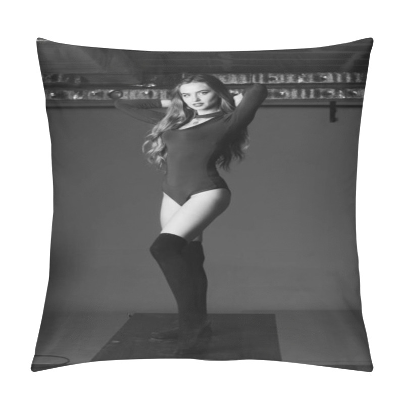 Personality  Sexy Young Woman With Big Breast. Girl Posing On Black Wall In S Pillow Covers