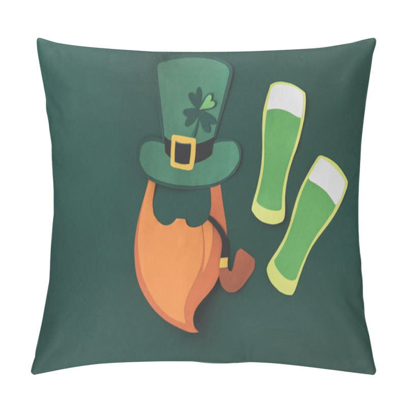 Personality  Top View Of Paper Decoration Of Smoking Leprechaun And Beer For St Patricks Day Isolated On Green Pillow Covers