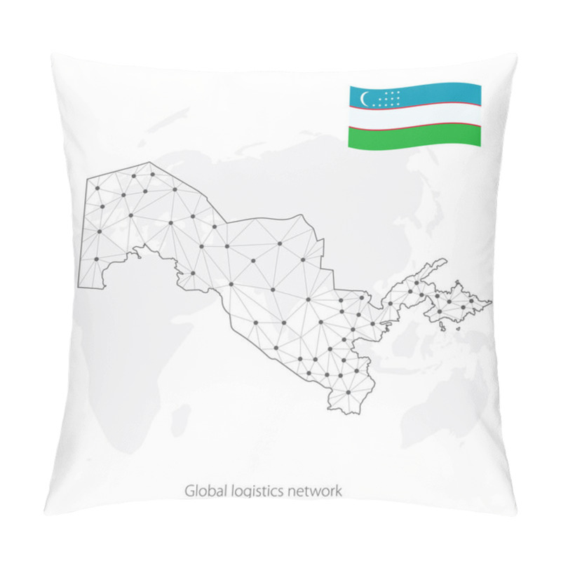 Personality  Global Logistics Network Concept. Communications Network Map Uzbekistan On The World Background. Map Of Uzbekistan With Nodes In Polygonal Style And Flag. Vector Illustration EPS10.  Pillow Covers