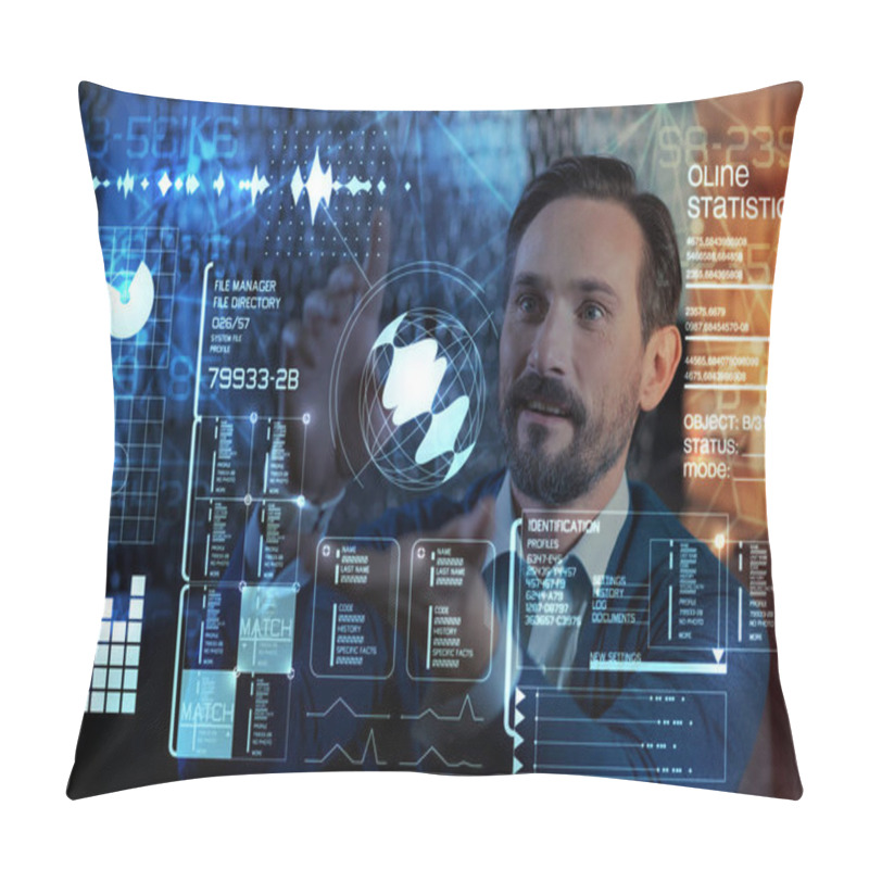 Personality  Clever Programmer Admiring The Options Of His Futuristic Screen Pillow Covers