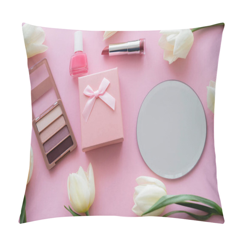 Personality  Top View Of White Tulips, Gift Box And Decorative Cosmetics On Pink Pillow Covers