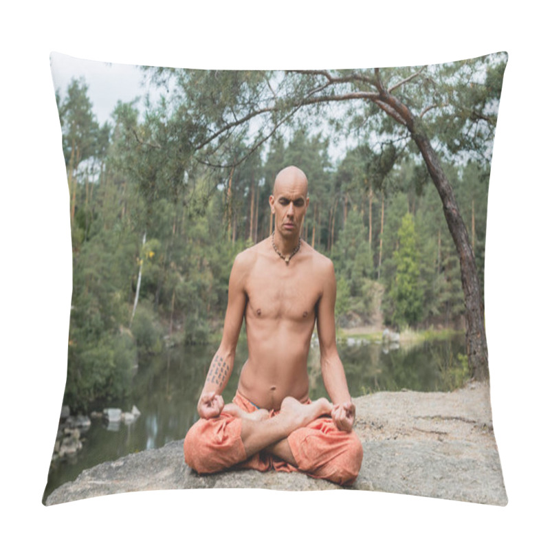 Personality  Tattooed, Shirtless Buddhist Meditating In Lotus Pose With Closed Eyes Outdoors Pillow Covers