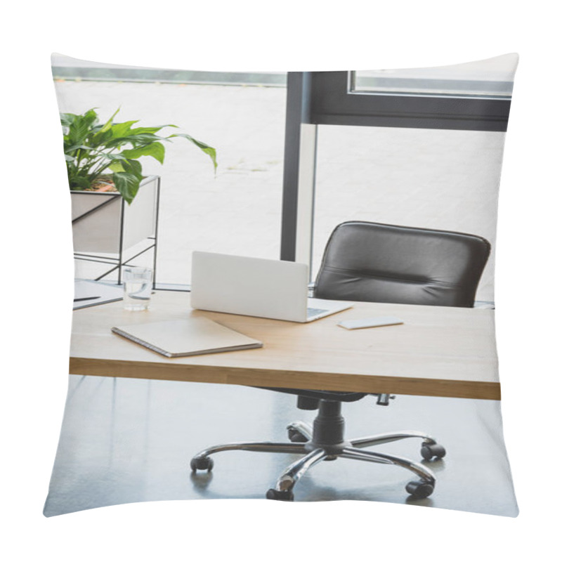 Personality  Laptop And Smartphone On Wooden Table In Modern Office Pillow Covers