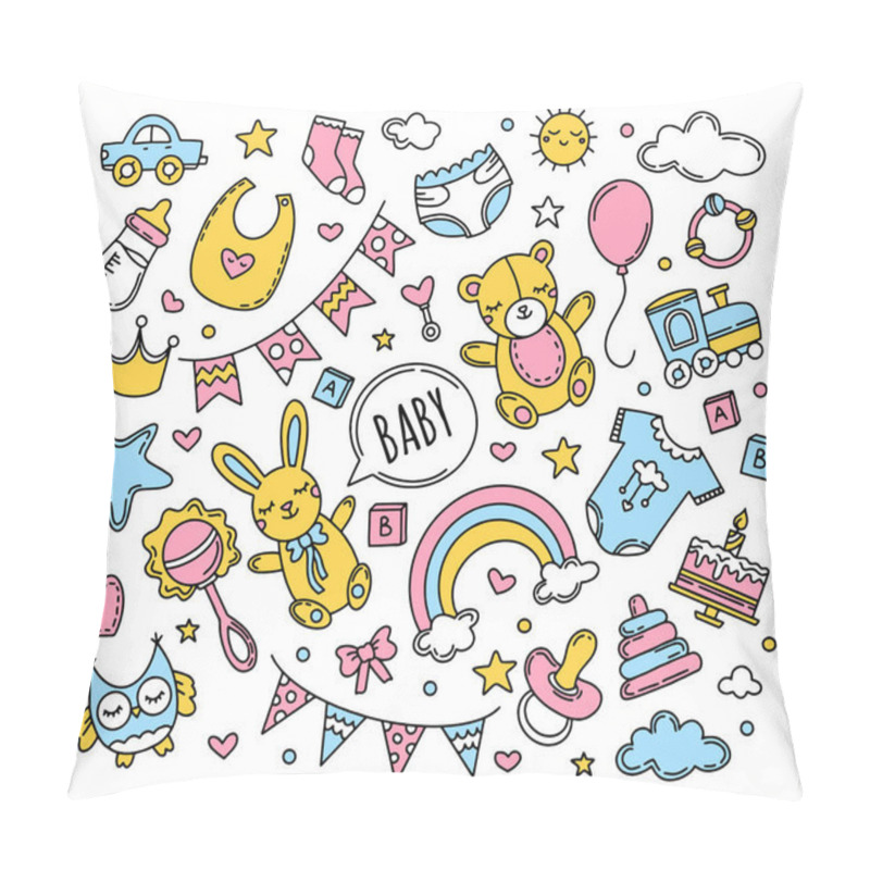 Personality  Newborn Baby Set Of Doodle Style Icons. Pillow Covers