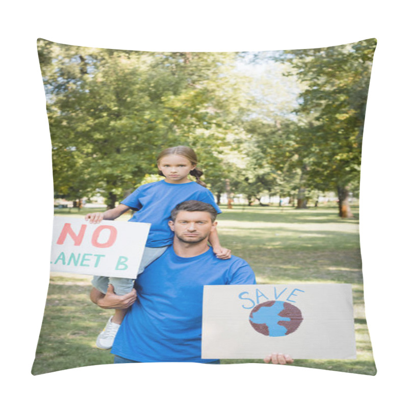 Personality  Father And Daughter Holding Placards With Globe And No Planet B Inscription, Ecology Concept Pillow Covers