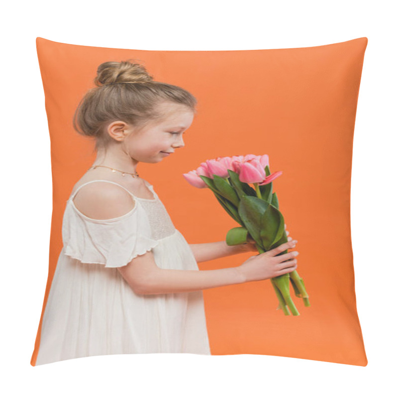 Personality  side view of preteen girl in white sun dress holding pink tulips on orange background, fashion and style concept, bouquet of flowers, fashionable kid, vibrant colors, flowers and fashion  pillow covers