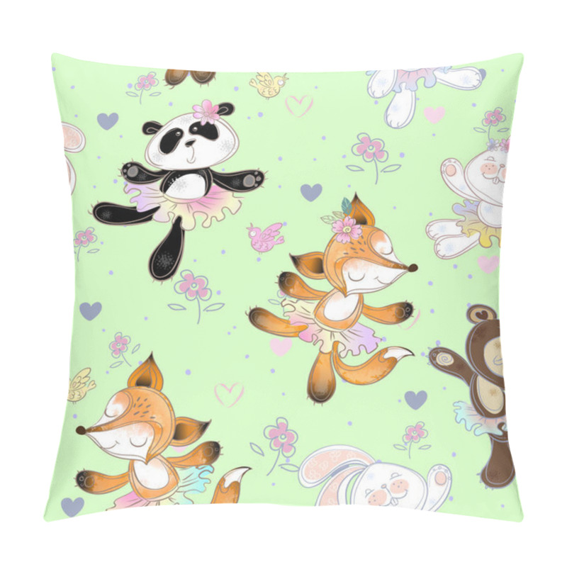 Personality  Seamless Pattern With Cute Little Animals . The Bunny The Bear, Fox And Panda. Ballerinas, Vector Pillow Covers