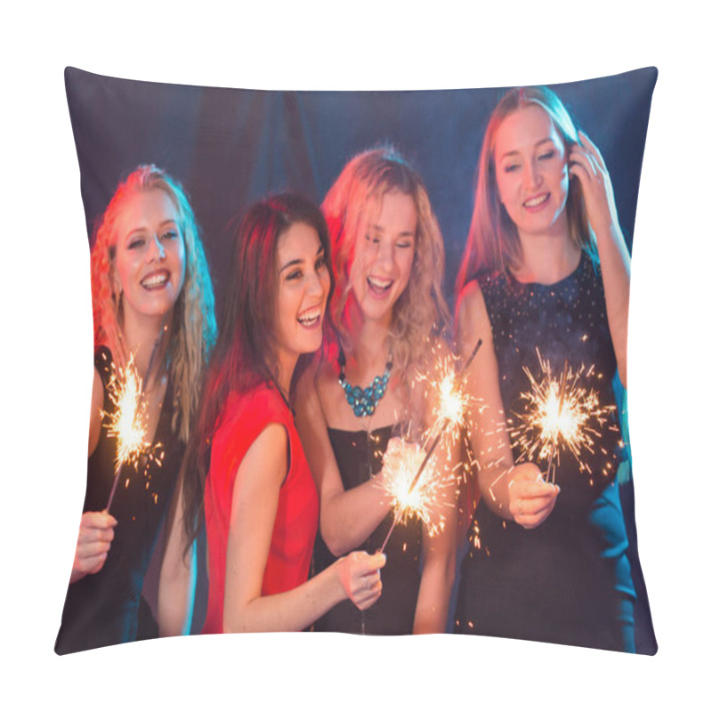 Personality  Birthday Party, New Year And Holidays Concept - Group Of Female Friends Celebrating Holding Sparklers Pillow Covers