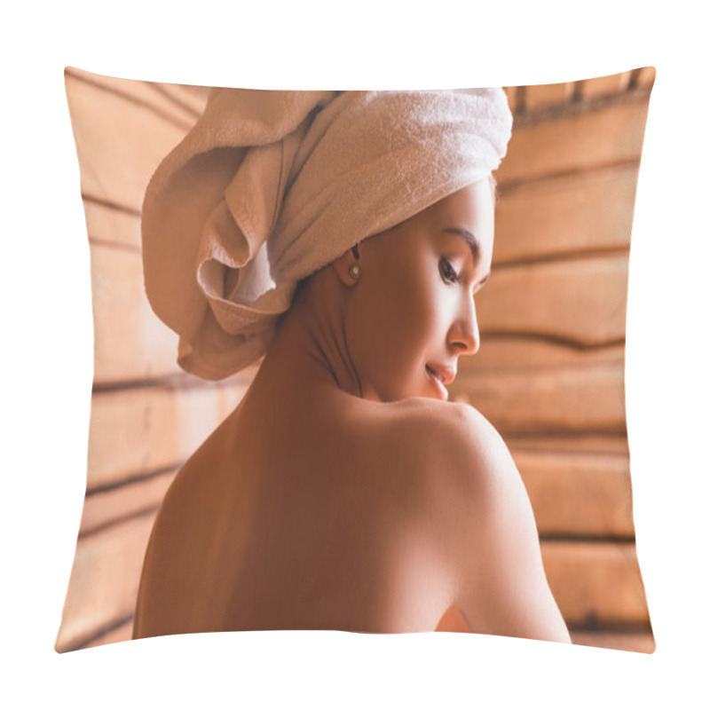 Personality  Shirtless Woman With Towel On Head Relaxing In Sauna  Pillow Covers