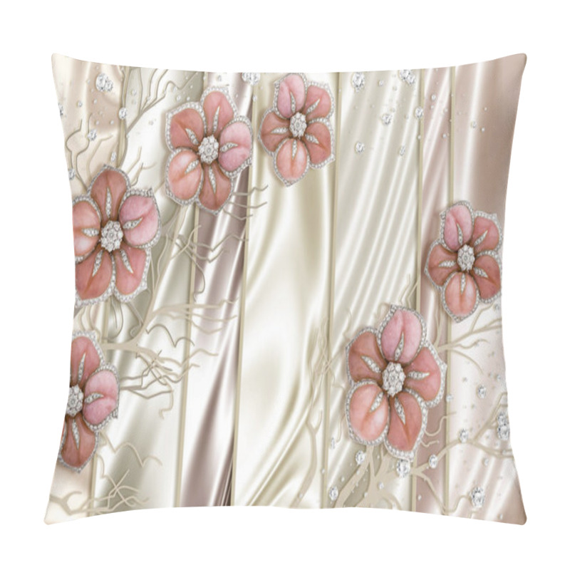 Personality  3D Wallpaper, Jewelry Flowers, Vertical Stripes, Beige Silk Background.  Pillow Covers