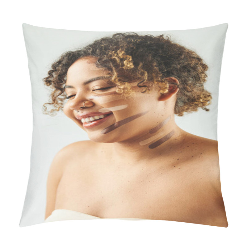 Personality  Attractive African American Woman With Foundation On Face Poses Against Vibrant Backdrop. Pillow Covers