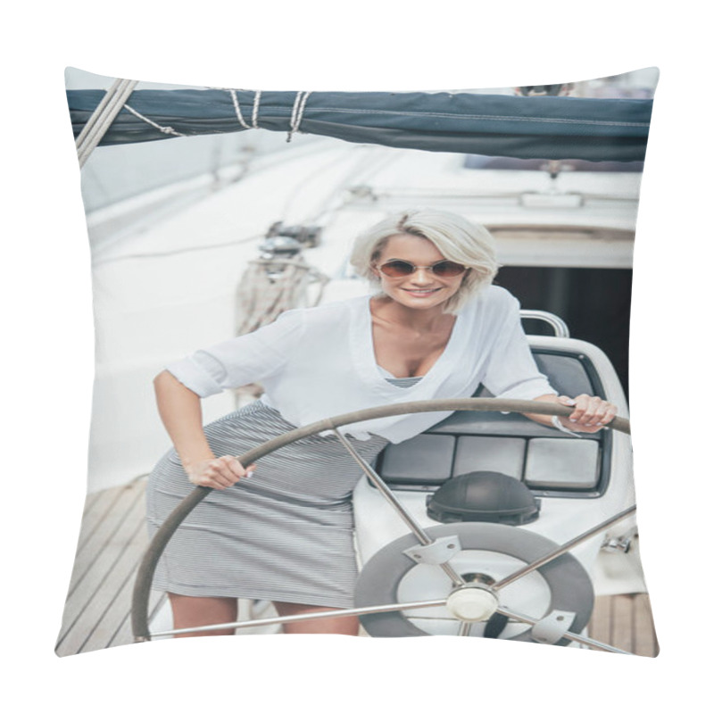 Personality  Beautiful Smiling Girl In Sunglasses Standing At Steering Wheel On Yacht Pillow Covers